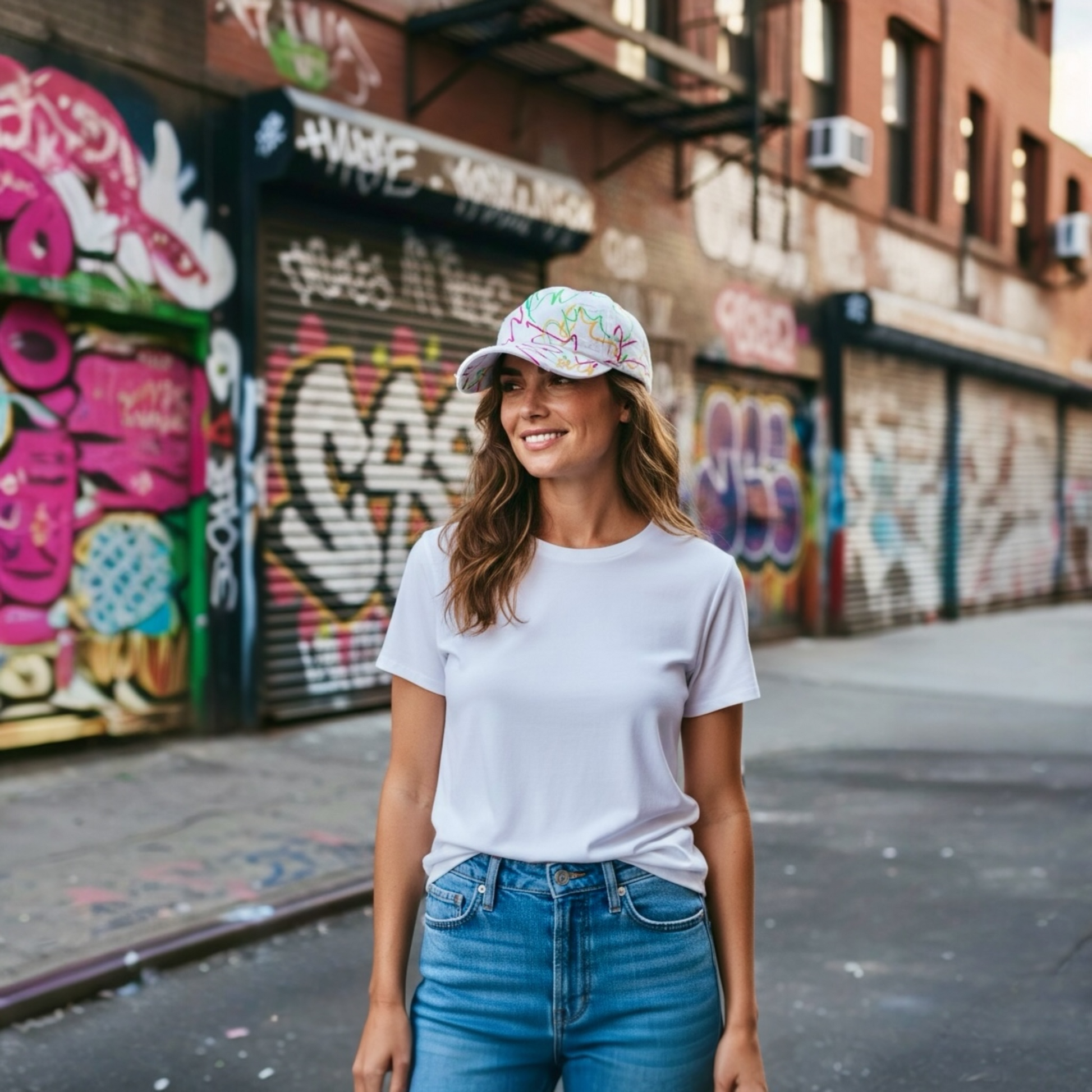 Woman wearing a white t-shirt and colorful cap standing in front of graffiti-covered walls.