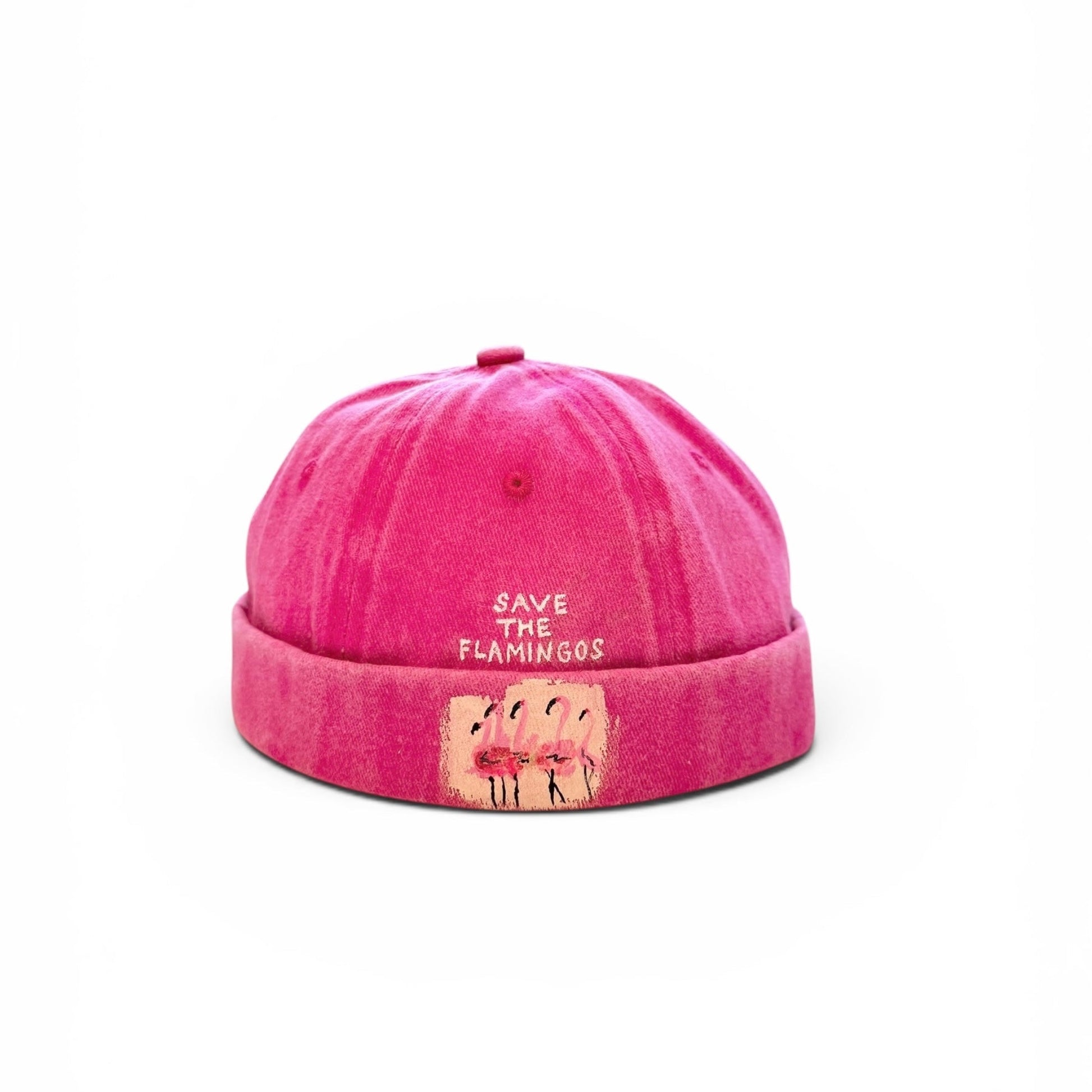 Pink cap with 'Save the Flamingos' text and flamingo graphic on a white background