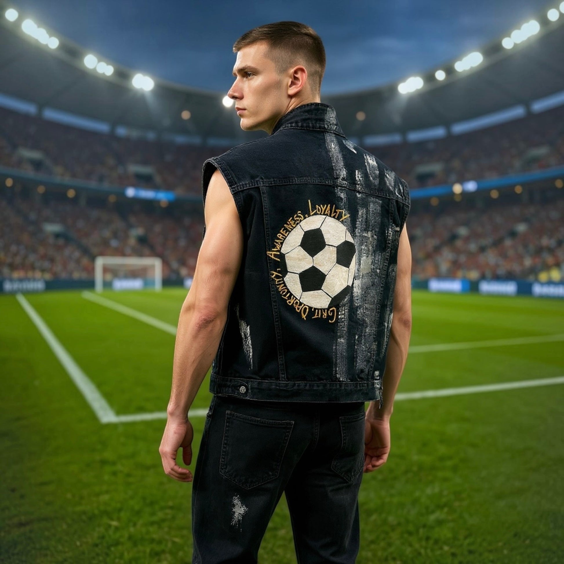 A man standing on a soccer field in a stadium, shown from the back wearing a sleeveless black denim vest with a large soccer ball graphic and gold text on the back, paired with black jeans.