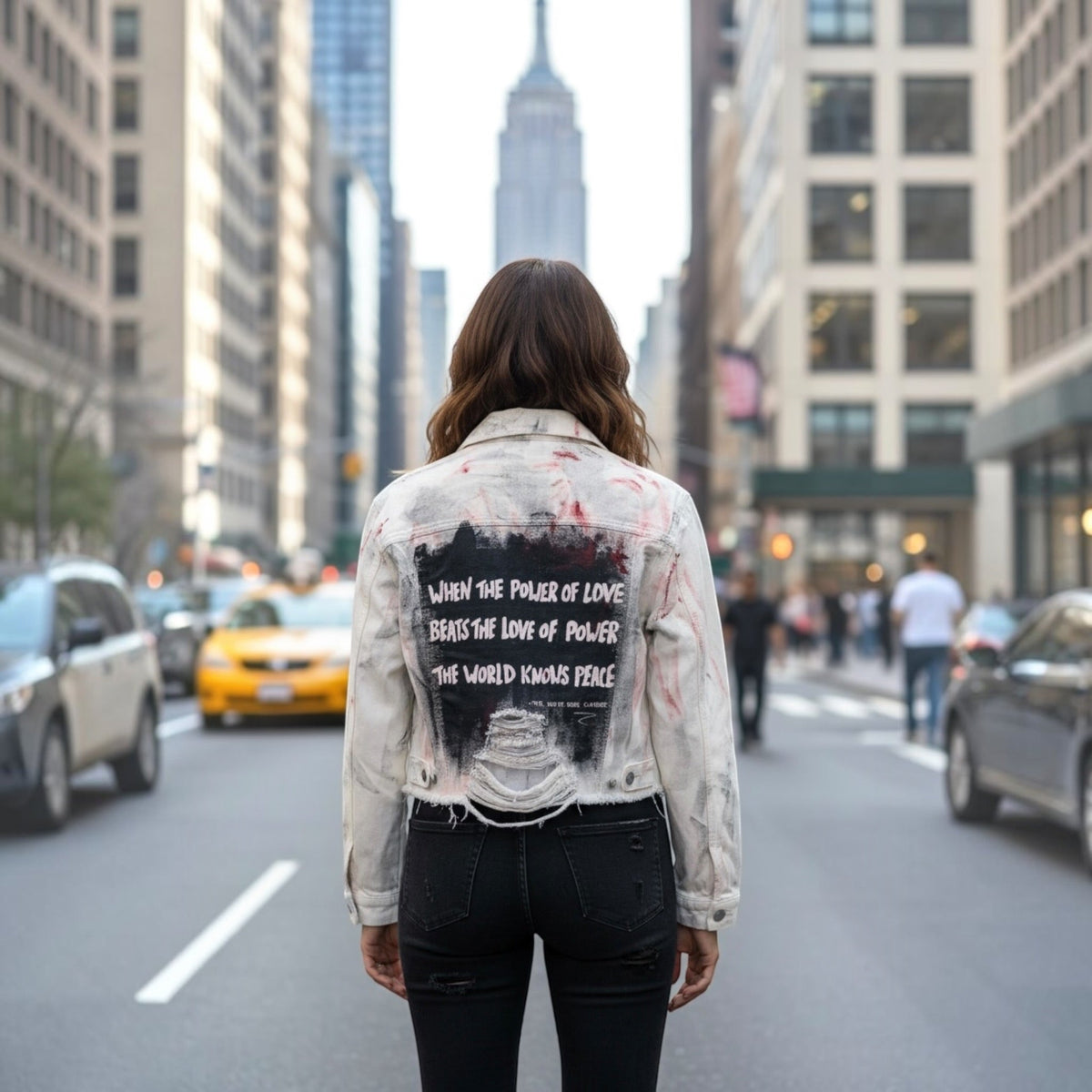 A woman viewed from behind on a city street wearing a distressed off-white denim jacket with a black graphic print on the back and black jeans. The jacket features red paint splatter details and a quote that reads, 'WHEN THE POWER OF LOVE BEATS THE LOVE OF POWER THE WORLD KNOWS PEACE' 