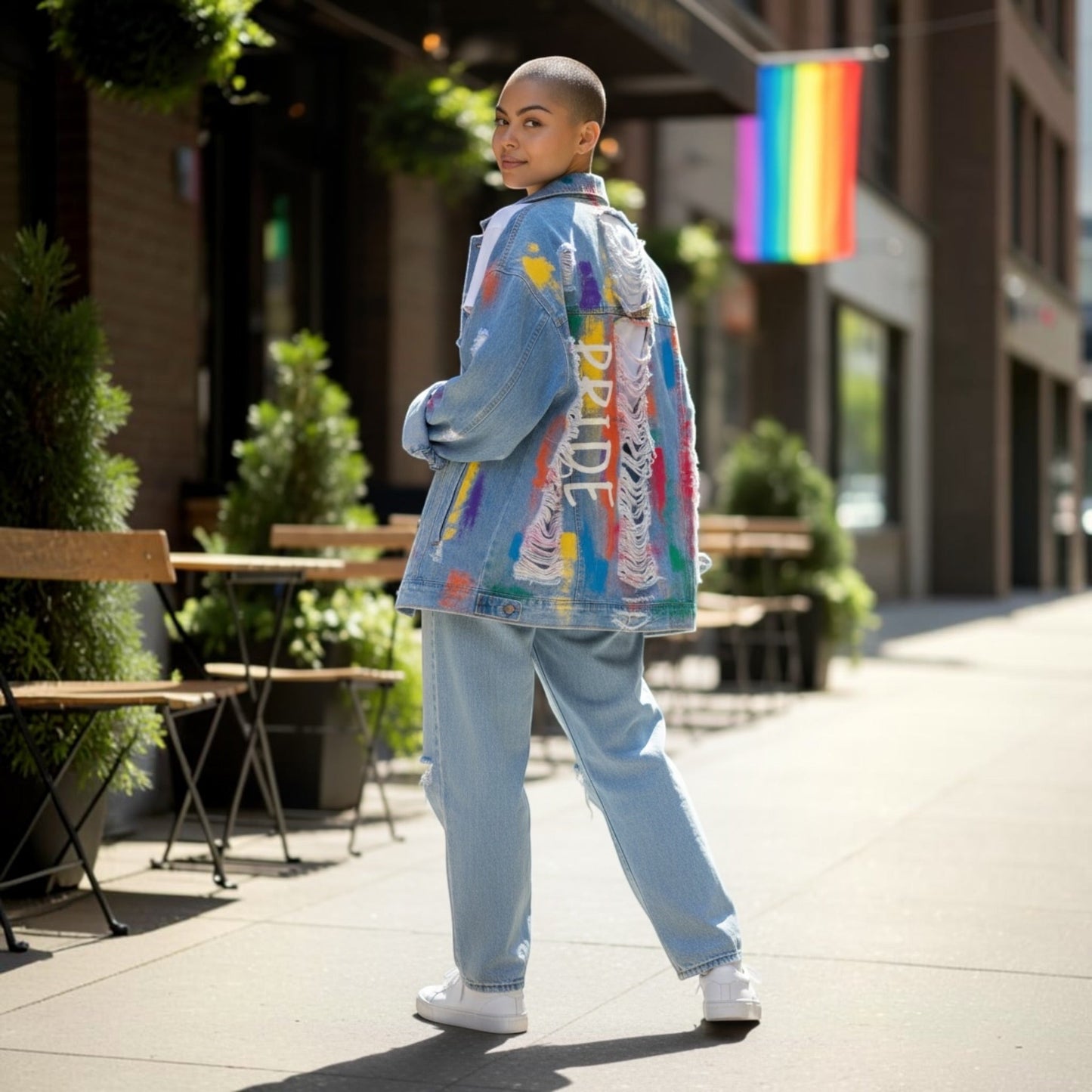 A person walking outdoors on a city sidewalk wearing a light blue denim jacket with colorful graffiti-style paint patches and the word 'PRIDE' on the back, paired with light blue jeans and white sneakers. A rainbow flag hangs in the background.