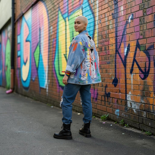 A person standing outdoors against a graffiti-covered brick wall, wearing a light blue denim jacket with colorful abstract paint splatters and the word 'PRIDE" painted , blue jeans, and black boots.