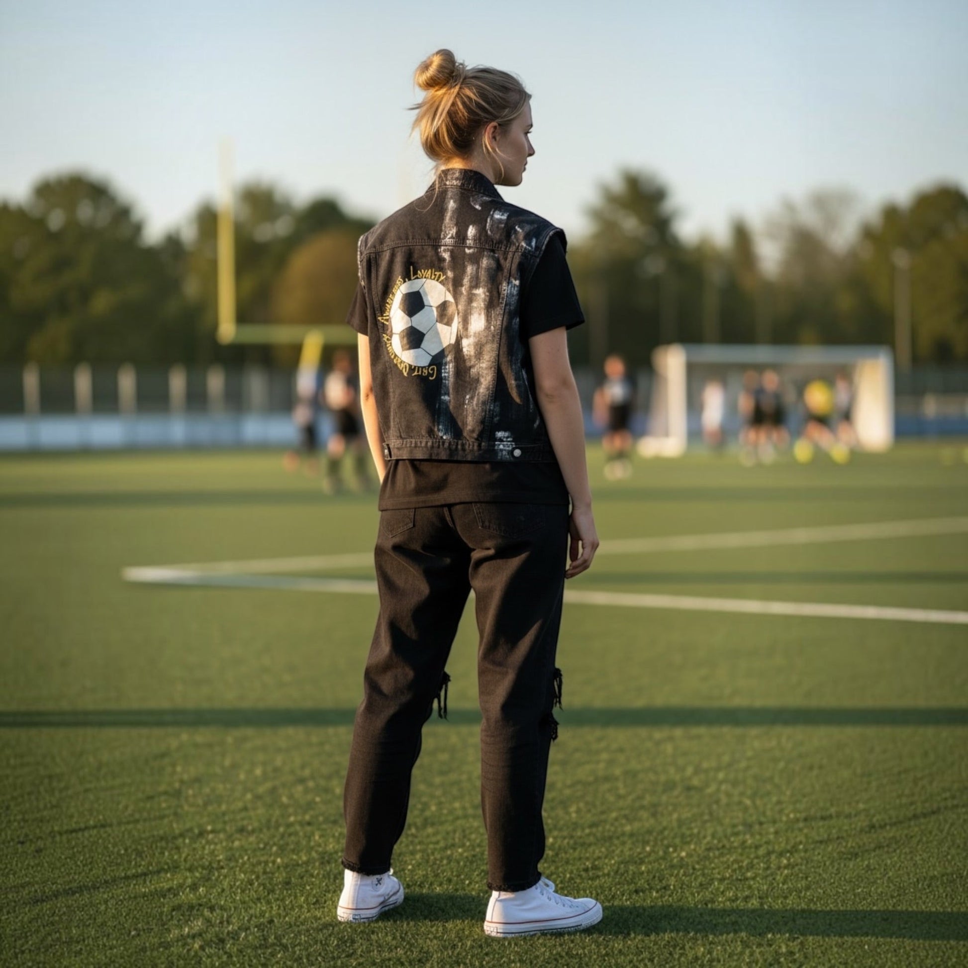 A woman stands on a green soccer field wearing a black denim vest with a soccer ball graphic on the back, a black t-shirt, black cargo pants, and white sneakers.