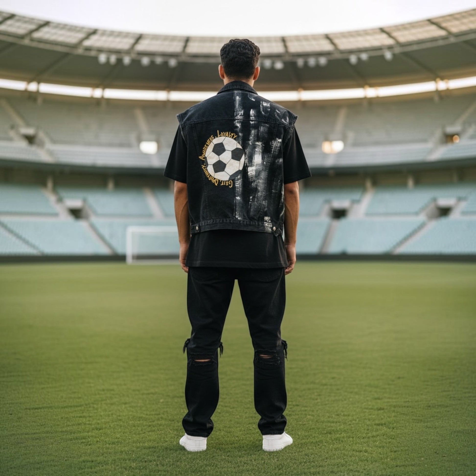 A man stands on a green soccer field facing a large stadium, viewed from behind. He is wearing a black distressed denim vest over a black t-shirt with a soccer ball graphic on the back, black pants, and white sneakers.