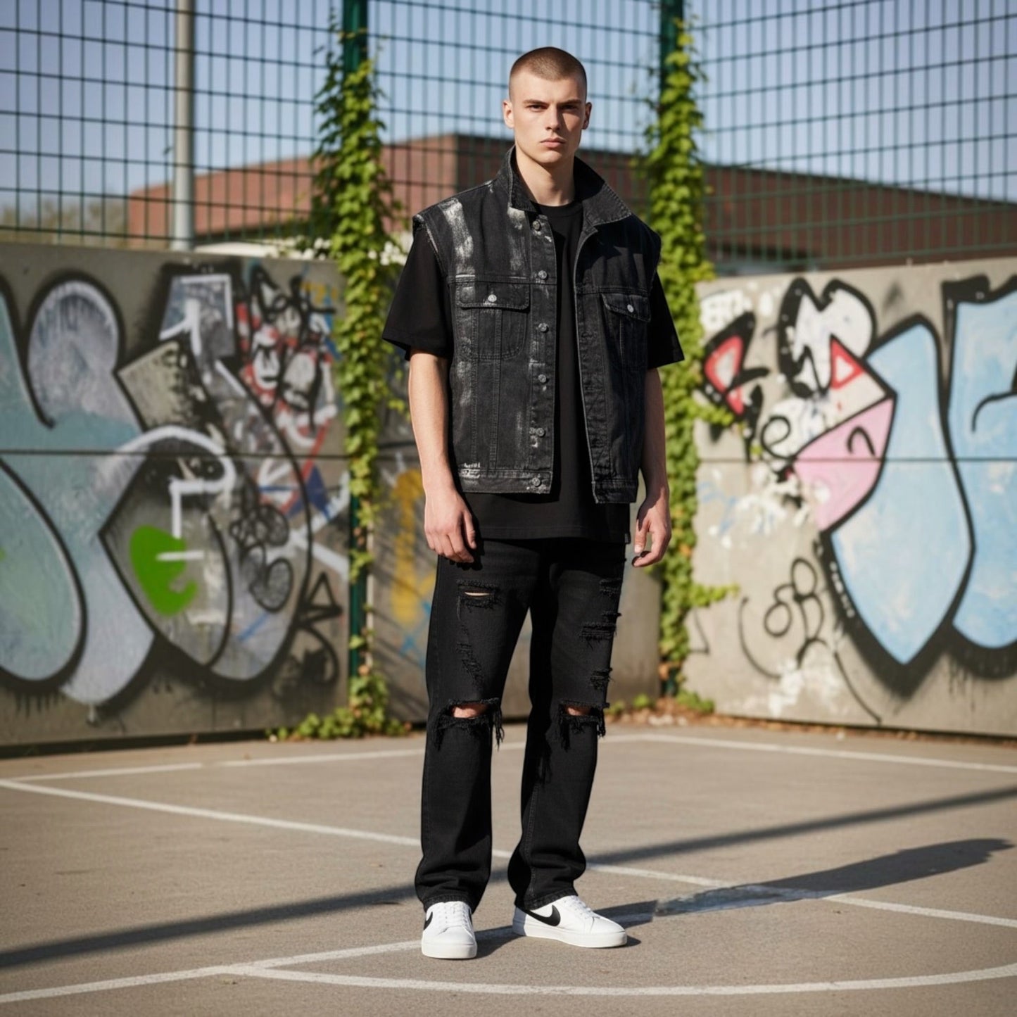 A man stands on an outdoor basketball court wearing a black denim vest over a black t-shirt, black ripped jeans, and white sneakers. The background features a graffiti-covered wall and a chain-link fence.