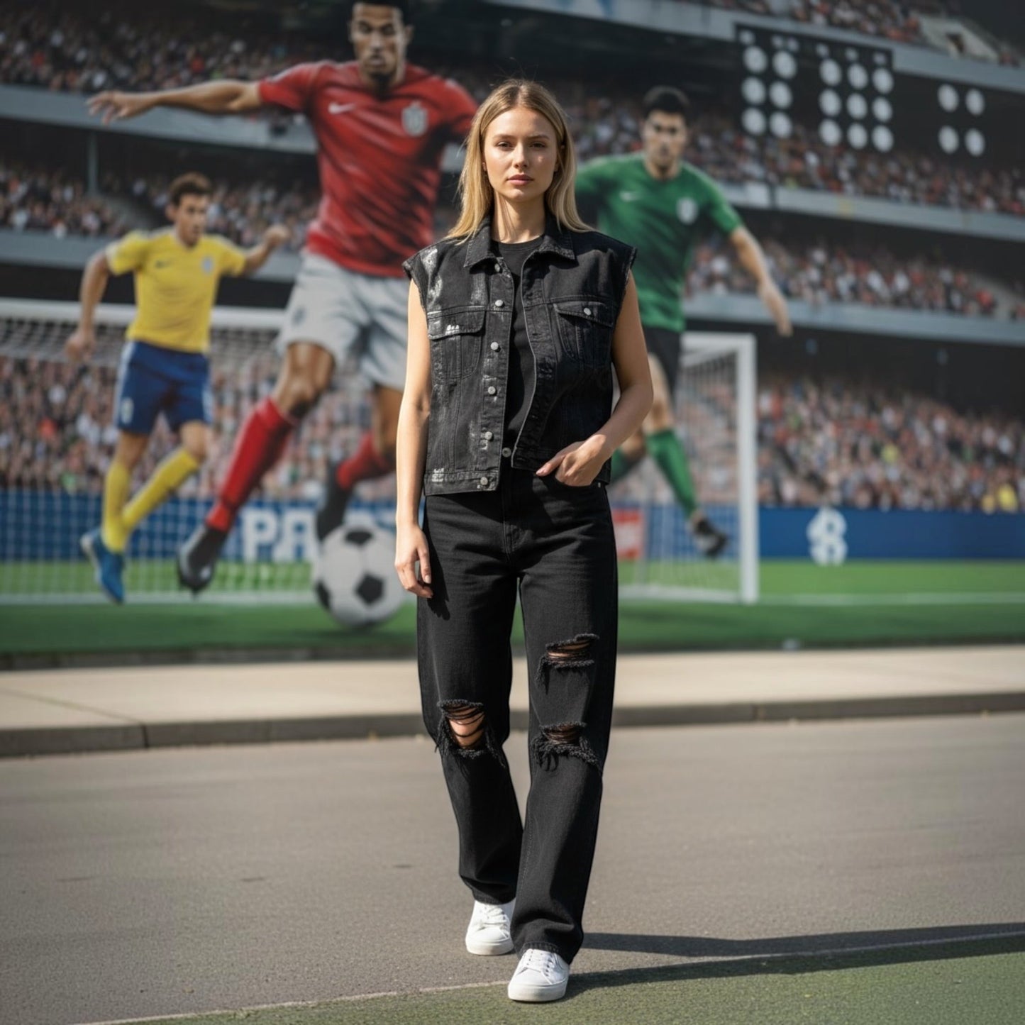 A woman stands in a stadium-like setting wearing a sleeveless black denim  soccer vest and black ripped jeans with white sneakers. A large soccer-themed mural or backdrop shows football players in action behind her.
