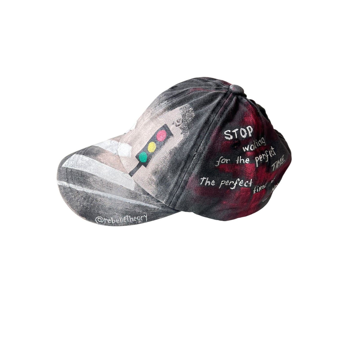 Two baseball caps with text and traffic lights  graphics on a white background